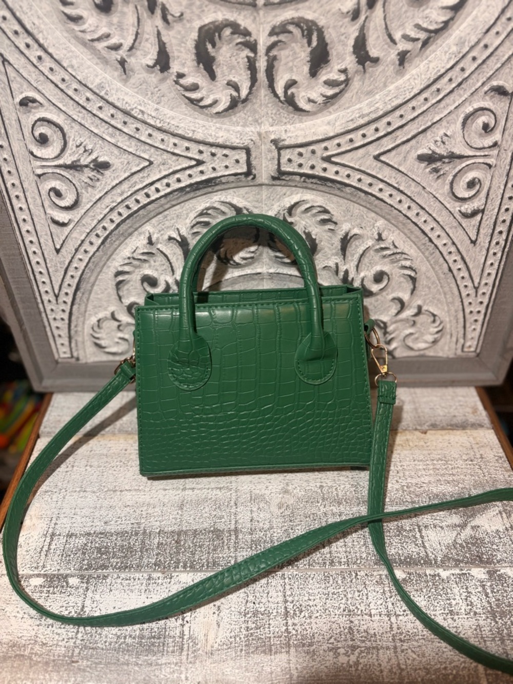 Structured Green Croc-Embossed Top-Handle Satchel